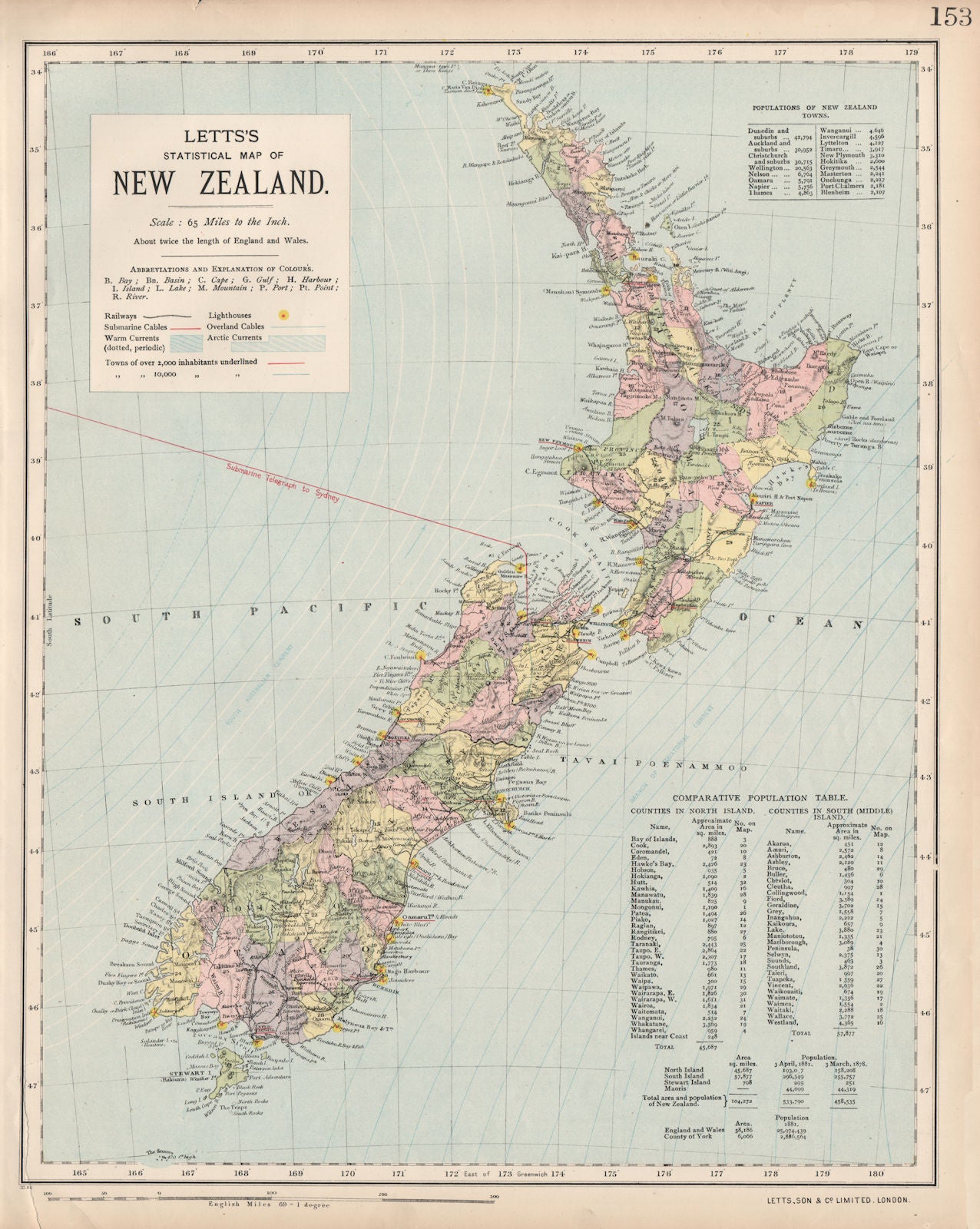 NEW ZEALAND Lighthouses railways telegraph cables ocean currents. LETTS 1889 map